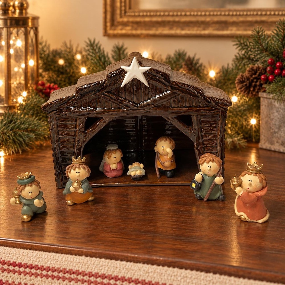 Whimsical Nativity Scene Set Ceramic Stable Christmas Manger Décor 8 Piece Set